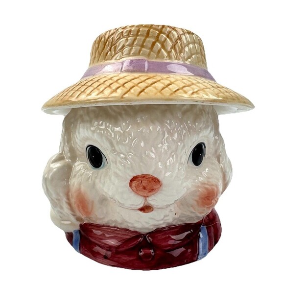 Vintage Dalton Bunny Cookie Jar Ceramic Rabbit in Hat Bow Farmhouse Easter Decor - Picture 1 of 13